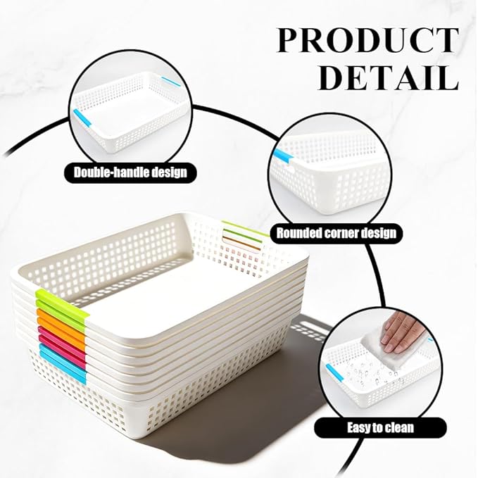 8 Pack Large Plastic Storage Baskets with Handles (15×10×3 Inch) - Pantry Organizer Bins, Desktop Paper Storage Baskets for Countertops, Cabinets, Bedrooms & Bathrooms