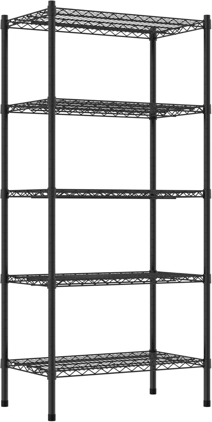 Commercial NSF Listed Black Epoxy Stationary Wire Shelving Kit 18" x 30" x 64", with 5 Shelves Perfect for Warehouse, Walk-in Refrigerator, Freezer, Grocery Store, Restaurant, Dishroom
