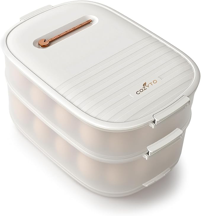 COZYTO Premium EggNest 2-Layer Egg Holder for Refrigerator – Stackable Egg Storage Tray with Sliding Date Dial Lid | Holds 44 Eggs | BPA-Free, Durable & Space-Saving (White Lid & Transparent Box)