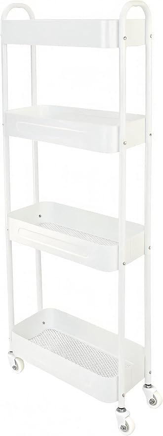 4 Tier Slim Kitchen Storage Cart for Narrow Space, 7.1'' Wide Metal Rolling cart with Wheels and Lockable Casters, Sturdy Mobile Thin Shelf for Laundry Room Between Washer and Dryer, White