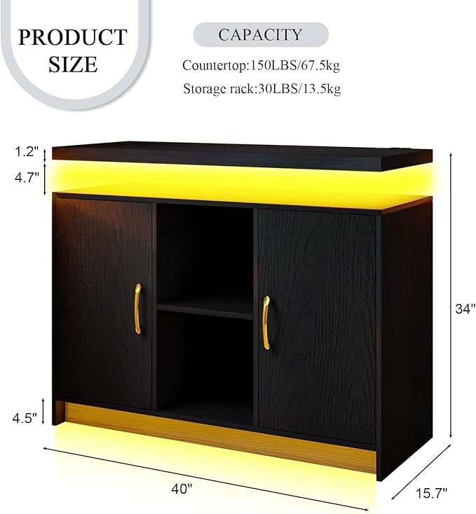 4 EVER WINNER Coffee Bar Cabinet with LED, Sideboard Buffet Cabinet with Storage, Coffee Station Cabinet with Charging Station, Black Coffee Bar for Kitchen, Dining Room