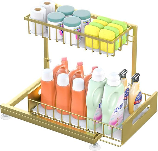 Under Sink Organizer Storage 2-Tier Premium Metal Pull-Out Racks, Height Adjustable, Easy Installation | Kitchen & Bathroom Organizers Pack of 1
