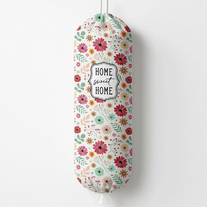 Plastic Bag Holder, Home Sweet Home Plastic Bag Holder for Kitchen Essentials, Bags Holders for Plastics Bags Groceries Store, Floral Reusable Grocery Sack Storage Dispenser to Kitchen Decor