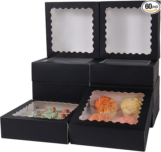 50 pcs 8x8x2.5 Inches Bakery Boxes with Window, Cake Pastry Cookie Mini Pie Box for Pastry,Dessert,Strawberries,Chocolates(Black)