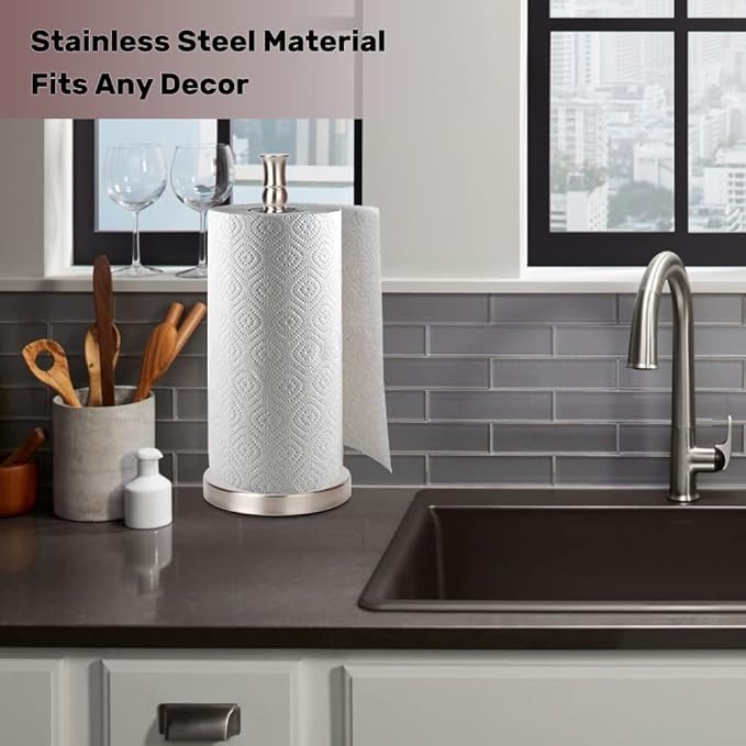 Paper Towel Holder Stand Countertop with Heavy Weighted Stainless Steel Base, Free Standing Paper Towel Holder (Brushed Nickel)