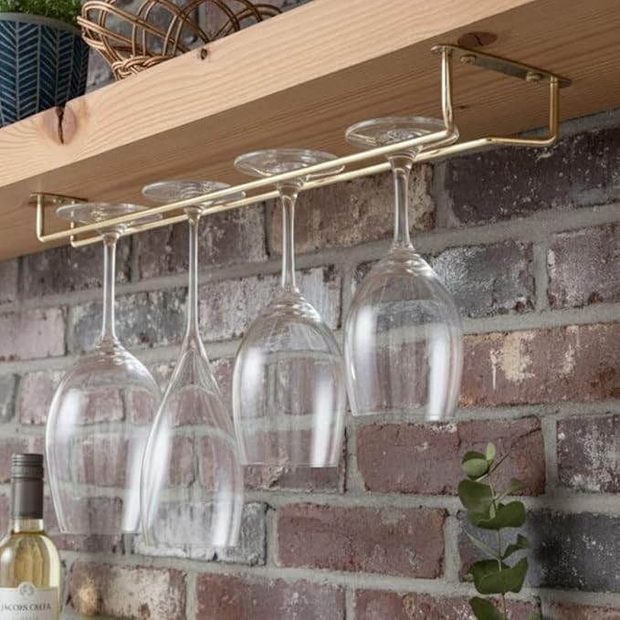 Soro Essentials- 16" Glass Hanging Stemware Rack Brass Plated Set of 2- Wine Glass Hangers Under Shelf Cabinet Wire Wine Holder Storage Hanger for Cabinet Kitchen Bar or Home