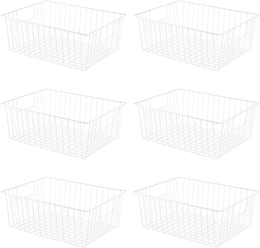 Upright Freezer Organizer Bins，Freezer Storage Baskets for 16, 17, 21 cu.ft Standup Freezer, Wire Storage Baskets with Built-in Handles, 6Pcs , White