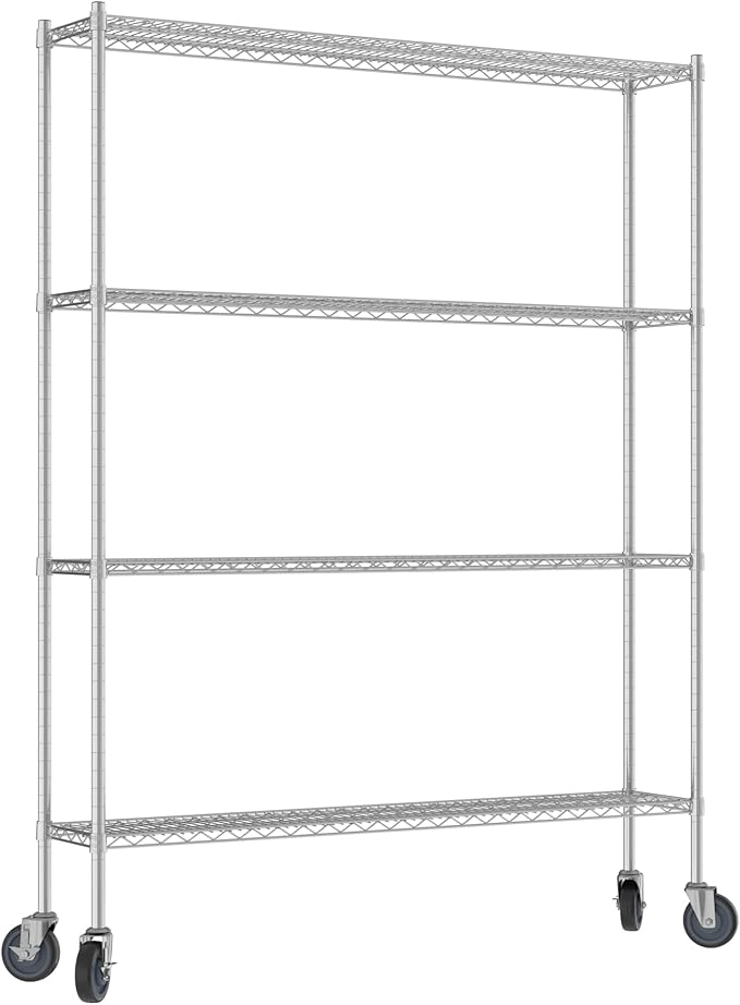 Commercial NSF Listed Chrome Mobile Wire Shelving Kit 12" x 60" x 80", with 4 Shelves Perfect for Warehouse, Walk-in Refrigerator, Freezer, Grocery Store, Restaurant, Dishroom