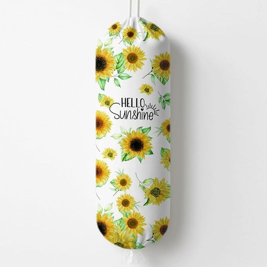 Sunflower Plastic Bag Holder, Hello Sunshine Plastic Bag Holder for Kitchen Essentials, Reusable Hanging Plastics Sack Dispenser, Floral Trash Sack Storage Dispenser for Home Decor