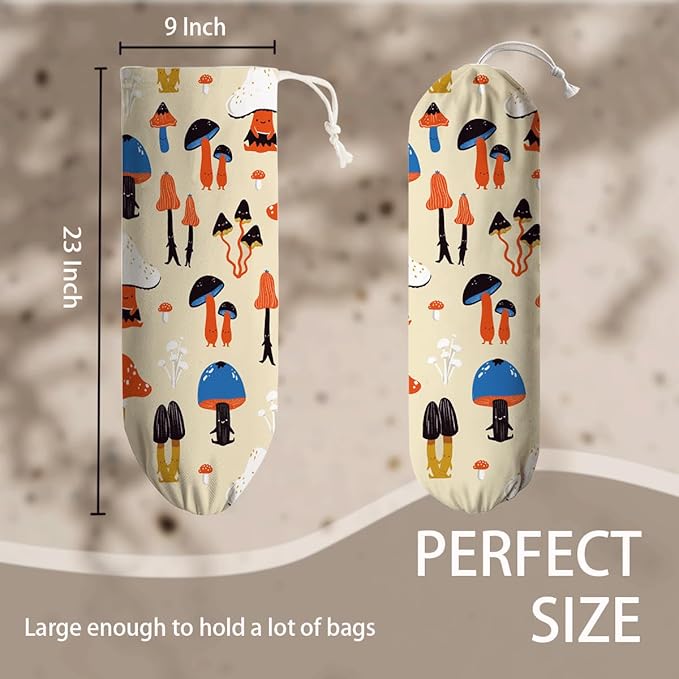 Mushroom Plastic Bag Holder, Reusable Hanging Shopping Bags Storage Organizer, Colorful Fabric Garbage Trash Bag Dispenser for Home Kitchen Pantry Cabinet, Wall Mount, Kitchen Housewarming Gifts