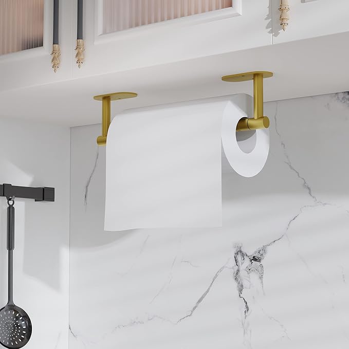 RUACQ Paper Towel Holder Under Cabinet, Wall Mounted or Adhesive Stainless Steel Paper Towel Holder,Round Base Paper Towel Rack for Kitchen, RV, Bathroom (Brushed Gold)