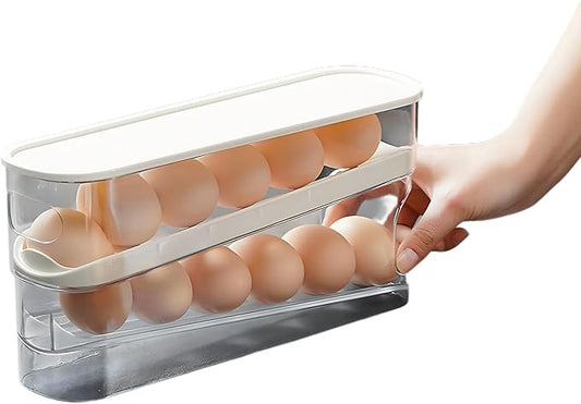 Innovative egg storage box with lid - 12-14 egg holder for fridge, clear egg cartons with auto-roll design, stackable egg rolls container for fresh eggs Large Clear Refrigerator Egg Holder