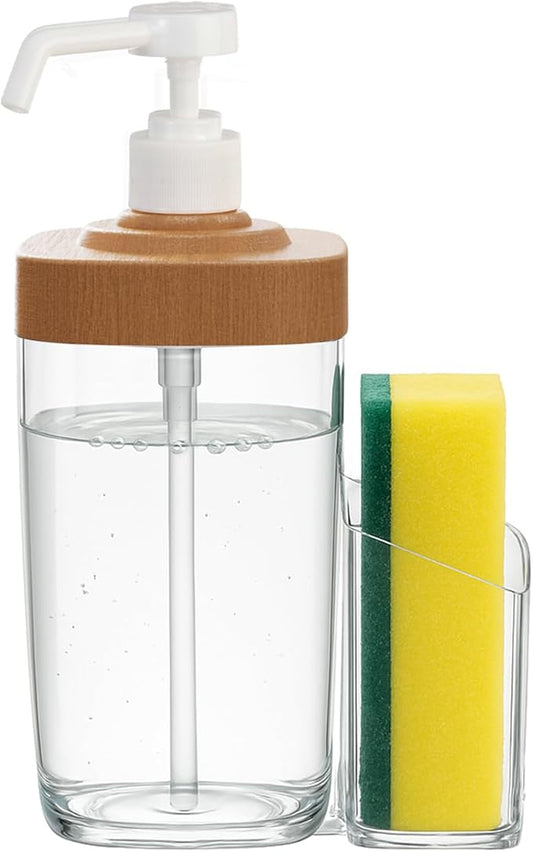 Kitchen Soap Dispenser with Sponge Holder, 800ml Large Capacity Dish Soap Dispenser Caddy, Shatterproof & Rustproof Sink Organizer with Extended Tube, Removable Caddy - Free Funnel Included-Wood Grain