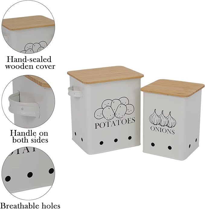 Kitchen Vegetable Storage Tins Set of 2 for Potatoes, Onion, with wooden lid Garlic Bin Caddy, Long Shelf Life-white