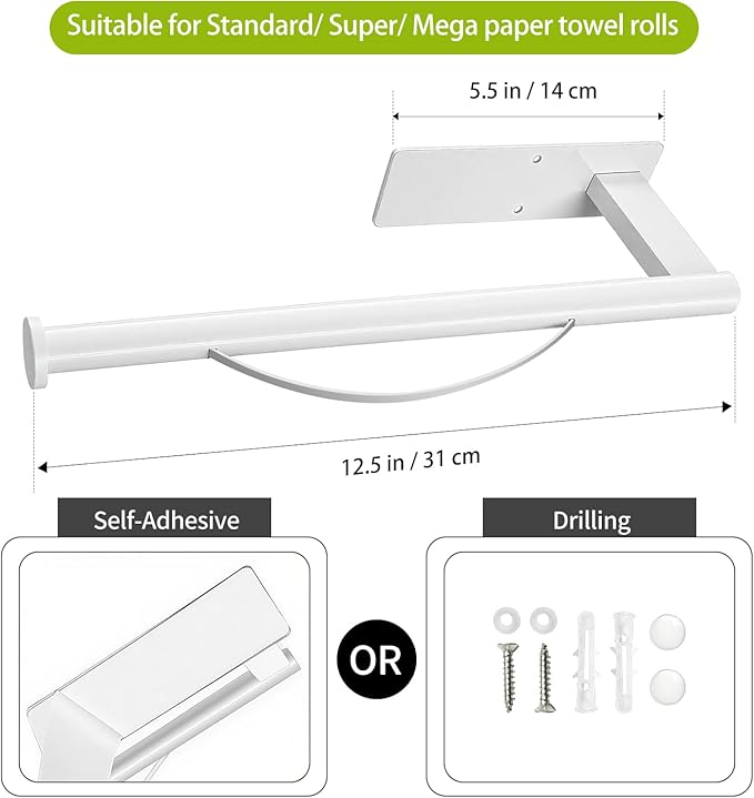 Paper Towel Holder Under Cabinet, Single Hand Operable Tearing Off Paper Towels with Damping Effect, Both Available in Adhesive and Screws, Stainless Steel (White)