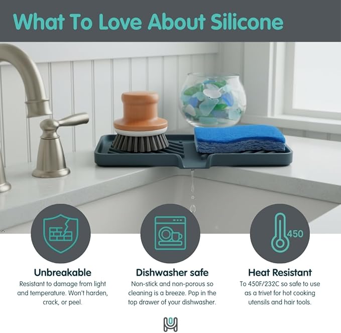 Happitasa Silicone Soap Dish Tray and Sponge Holder with Drain Chute and Feet | 3-Way Sloped Design | Bathroom and Kitchen Sink Organizer Caddy (Dark Chocolate, 10"x4", 7.8 Ounces)