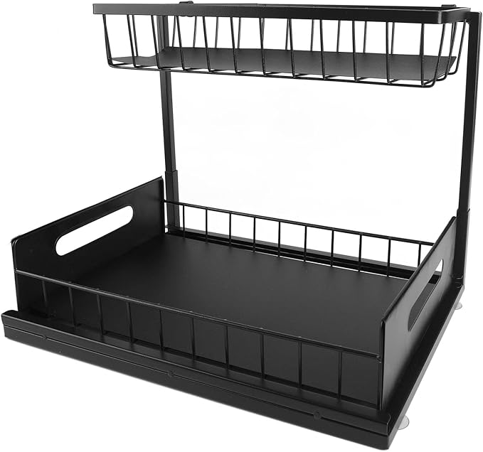 Under Sink Organizer L Shape 2 Tier Slide Out Sink Shelf, Under Sink Storage Organizer with Slide Out System, Carbon Steel Under Sink Shelf for Kitchen Bathroom, Includes