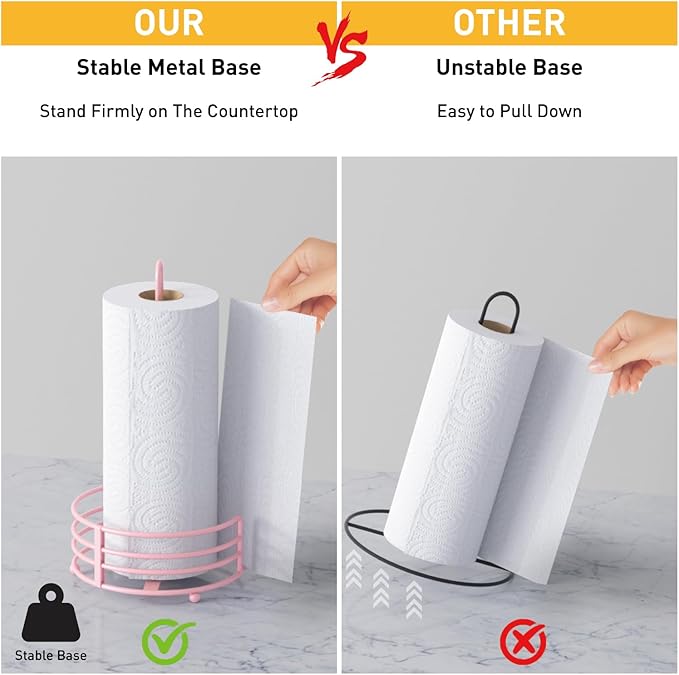 Buruis Paper Towel Holder for Kitchen Countertop, Pastel Pink - One Hand Tear with 8" Wide Base, 13" Height, Raised Feet & U-Handle - Heavy-Duty Steel Stand, Fits Jumbo Mega Rolls