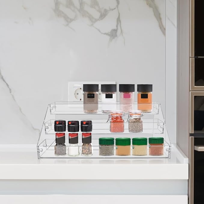 DECHOUS 3-Tier Acrylic Spice Rack Organizer Clear Tiered Spice Rack Seasoning Organizer for Countertop, Cabinet, Pantry, Kitchen Storage, 12x6.3x5.2 Inch