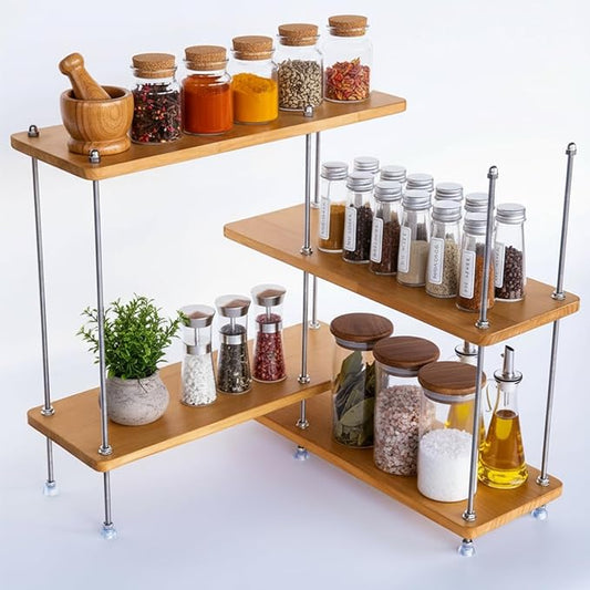 VINIUSIKI Adjustable 4 Tier L-Shaped Countertop Shelf Organizer, DIY Kitchen Corner Spice Rack for Countertop, Wood Coffee Counter Shelf Organizer for Home Office - 15.7"x15.7"x16.14" (LxWxH), Wood