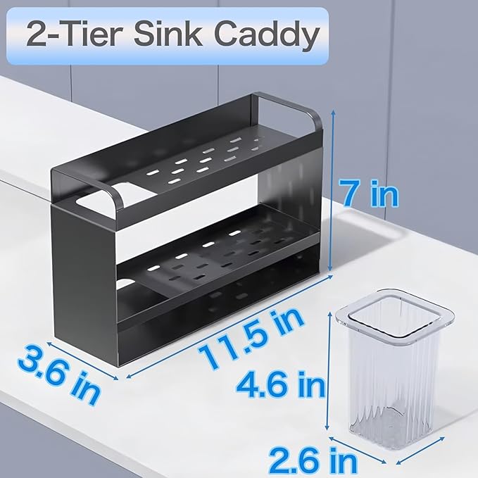 BREIS Sponge Holder for Kitchen Sink, Caddy Organizer with Rag Holder, Countertop Self-Draining Sponge Caddy, Rustproof Sink Storage Rack for Soap Dispenser Storage Accessories (2-Tier Gray)