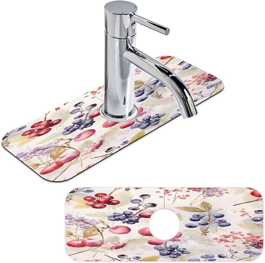 Watercolor Berry Cluster Kitchen Faucet Mat Splash Guard, 15.4”x5.7” Absorbent Quick Drying Sink Mat for Countertop Protection, Draining Mat Sink Protectors For Kitchen Bathroom, 1 Pack