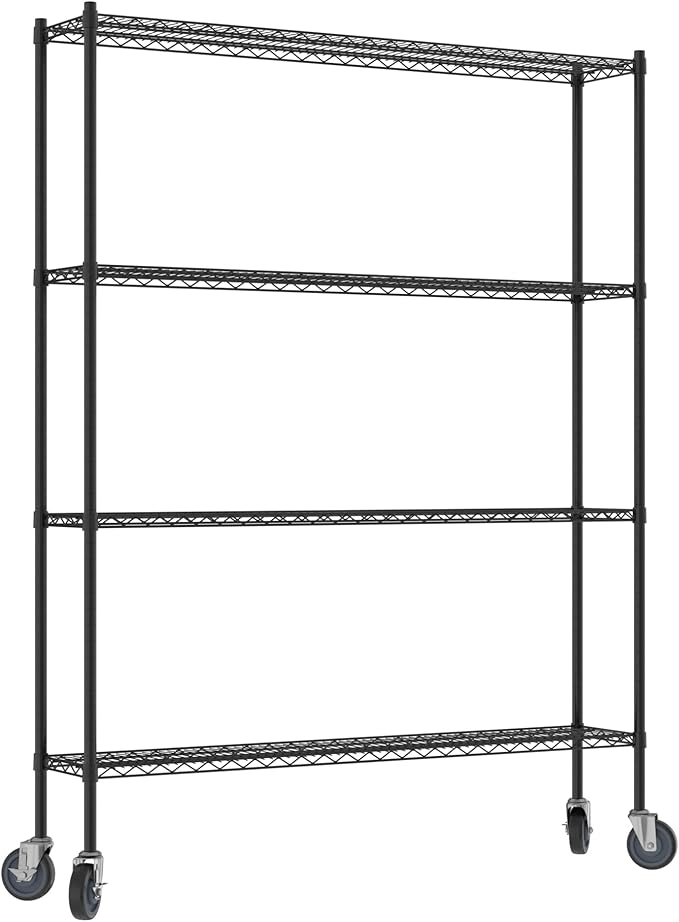Commercial NSF Listed Black Epoxy Mobile Wire Shelving Kit 12" x 60" x 80", with 4 Shelves Perfect for Warehouse, Walk-in Refrigerator, Freezer, Grocery Store, Restaurant, Dishroom