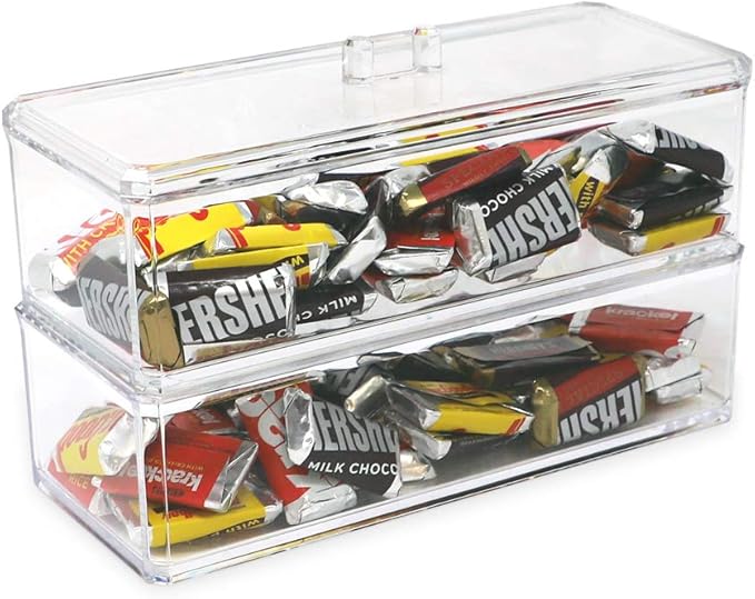 Isaac Jacobs Clear Acrylic Rectangular Stackable (2-Pack) Storage Organizer with Lid, Drawer Tray, Multi-Functional Tray, Bathroom, Kitchen, Home, Office, Desk, Drawers