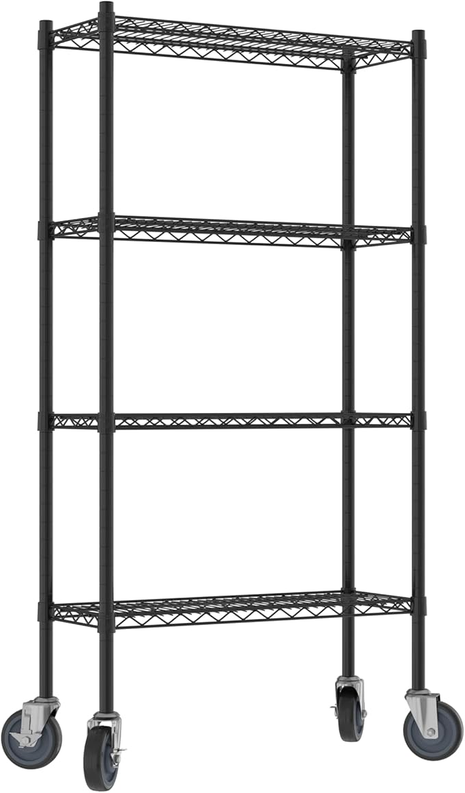 Commercial NSF Listed Black Epoxy Mobile Wire Shelving Kit 12" x 30" x 60", with 4 Shelves Perfect for Warehouse, Walk-in Refrigerator, Freezer, Grocery Store, Restaurant, Dishroom
