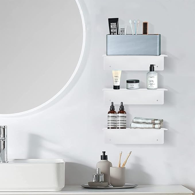 luium 9 Inch Acrylic Floating Shelf No Drill Adhesive Wall Shelf Set of 2 for Funko Pop Storage, Floating Shelves Damage-Free Expand Wall Space for Living Room, Bathroom, Gaming Room, Office - White