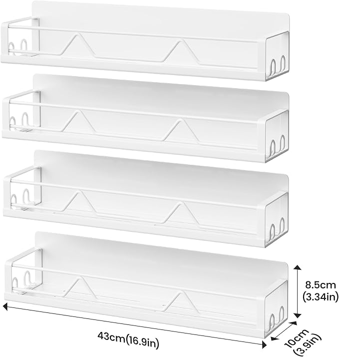 Mystozer 16.9 Inch Wide Large Capacity Magnetic Spice Rack for Refrigerator, 4 Pack Metal Fridge Shelf, White