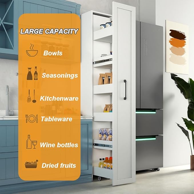 7 Tier Slim Storage Cart, Rolling Spice Rack Next to Fridge Slim, Narrow Storage Cabinet, Wood Storage Organizer with Handle Wheels for Kitchen, Dining Room (6 Tier)