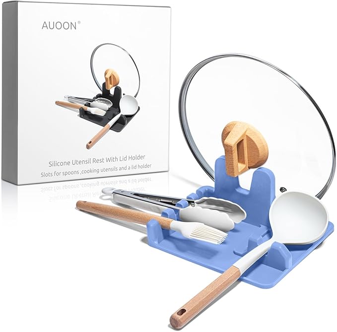 AUOON Spoon Holder for Stove - Silicone Spoon and Lid Rest with Drip Pad Kitchen Utensil Rest for Spoons, Ladles, Spatulas, Tongs & More (Blue Velvet, Large)