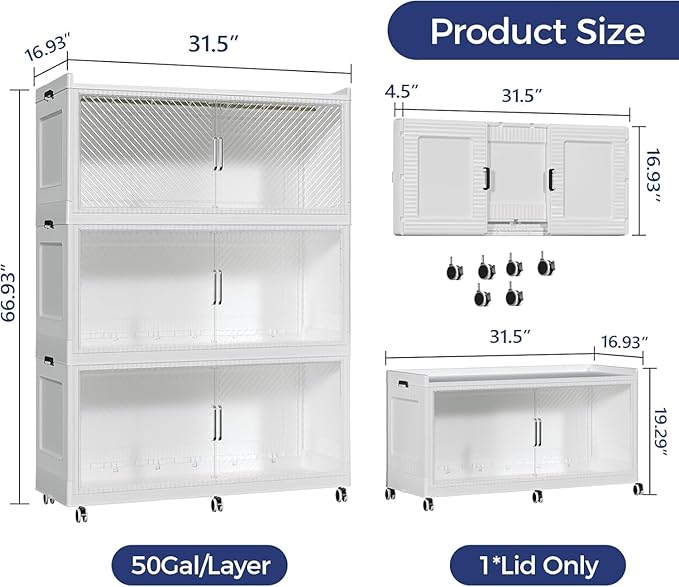 QAVABIN 240GAL Extra Large Storage Bins with Lid, 960QT Collapsible Organizer with Wheels, Stackable Closet Cabinet with Doors, Folding Storage Containers for Home, Office, Kitchen, 3Pack White