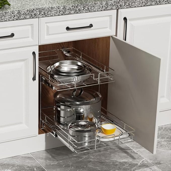 ROOMTEC Pull Out Cabinet Organizer (22½"W x 21½"D),2 Tier Pull Out Storage Shelf Drawer Basket,Sliding Shelves for Base Cabinet Organization in Kitchen, Bathroom, Pantry