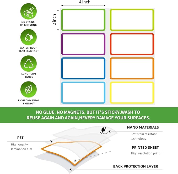Reusable Sticky Notes Dry Erase Labels for Organizing, Storage Bin, Craft, Jars, Pantry Labels, Chalkboard Labels for Office School Home Gift Chioce, Removable (2x4 inches, 24PCS) (Multi-Color)