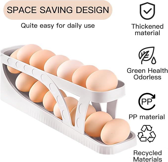 Egg DispenserAutomatic Rolling Egg Tray Organizer,2Tiers,Holds 15 Eggs Simultaneously,Space Saving Refrigerator Egg Roller,Works in The Refrigerator,Kitchen,Cabinets,Dining Table (White)