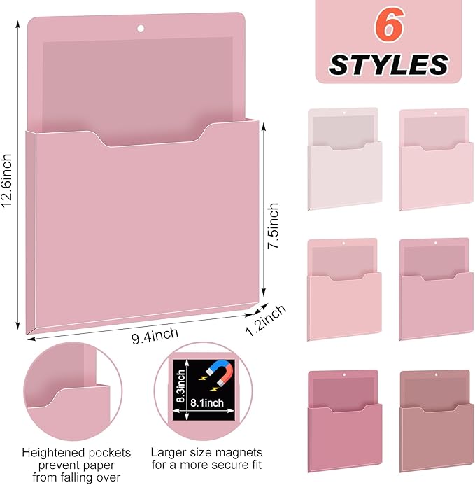 Fuutreo 6 Pcs Magnetic Wall File Organizer Magnetic Wall File Holder Refrigerator Magazine Holder for Mail Letters Paper(Rose Pink,12.2 x 9.4 Inch)
