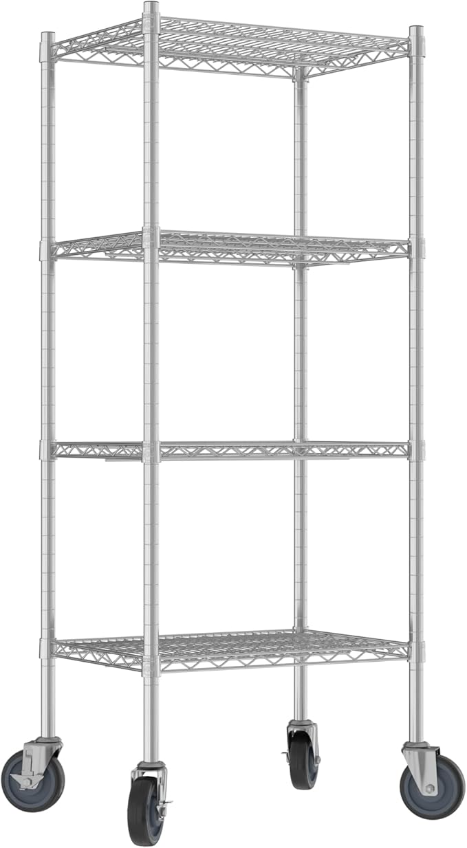 Commercial NSF Listed Chrome Mobile Wire Shelving Kit 18" x 24" x 60", with 4 Shelves Perfect for Warehouse, Walk-in Refrigerator, Freezer, Grocery Store, Restaurant, Dishroom