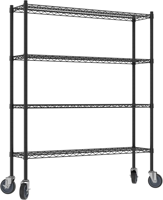 Commercial NSF Listed Black Epoxy Mobile Wire Shelving Kit 12" x 48" x 60", with 4 Shelves Perfect for Warehouse, Walk-in Refrigerator, Freezer, Grocery Store, Restaurant, Dishroom