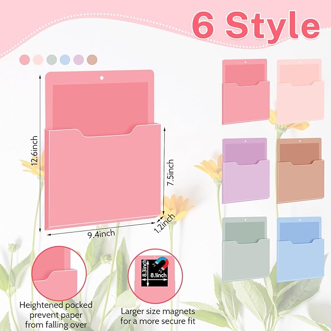 Fuutreo 6 Pcs Magnetic Wall File Organizer Magnetic Wall File Holder Refrigerator Magazine Holder for Mail Letters Paper(Aesthetic Color,12.2 x 9.4 Inch)