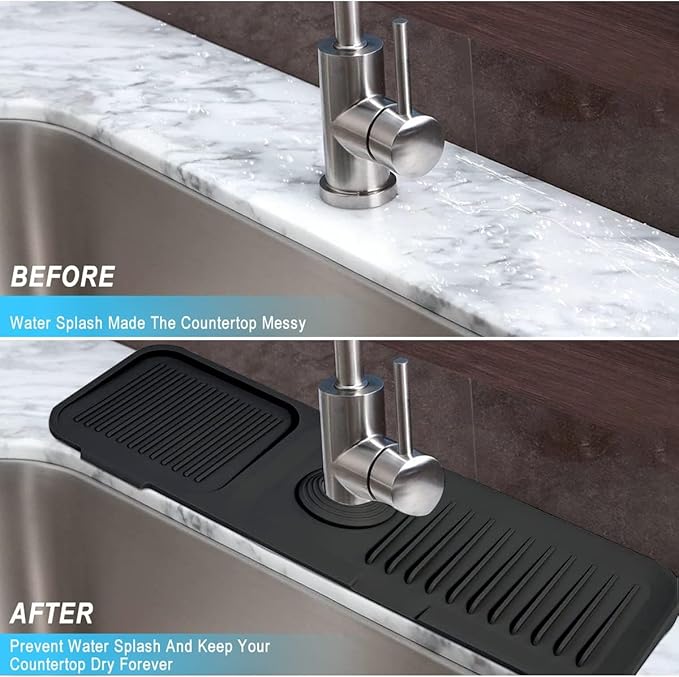 Sink Splash Guard, Silicone Sink Faucet Mat Sink Accessories Faucet Absorbent Mat for Kitchen, Bathroom, Sink Sponge Holder (Black)
