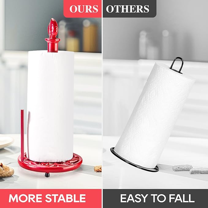JOGREFUL Paper Towel Holder Stand, Cast Iron Kitchen Paper Towel Countertop Vintage Stand with Weighted-Base, Bathroom Organization for Family Standard Large Size Roll Paper, Leaf Top, Red