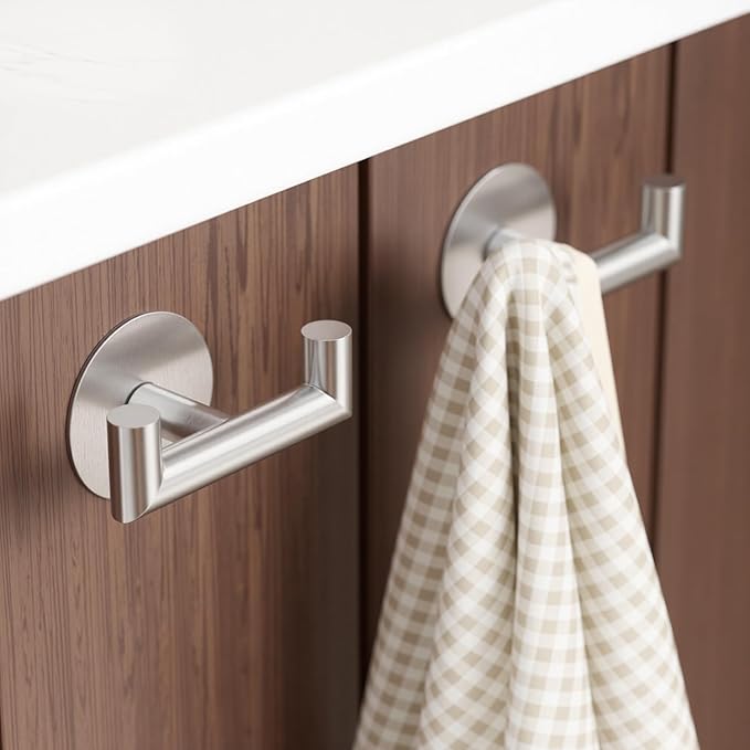 GWAAZXGZ 2 Pack Brushed Nickel Bathroom Hooks for Towels - Self Adhesive Double Hooks for Wall, No Drilling, Stainless Steel 304, Strong Hold for Robes, Coats, Shower Use