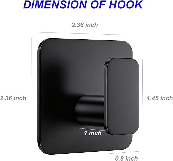 FanSiVoKe Black Square Adhesive Hooks for Shower, Bathroom, Kitchen, Robe, Towel, Coat, Waterproof & Rustproof Heavy Duty Hook for Walls No Damage, Stainless Steel Sticky Hook (4)