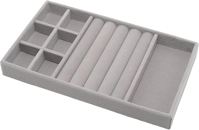 Velvet Jewelry Organizer Trays Gray Stackable Jewelry Storage Display Tray with Removable Dividers, 3-in-1