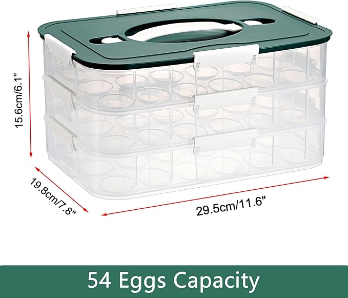 BTSKY Deviled Egg Platter with Lid, 3-Layer 54 Slots Deviled Eggs Carrier, Clear Portable Egg Holder for Fridge Reusable Deviled Eggs Tray Carton Box for Easter and Party Favor (3-Layer, Green)