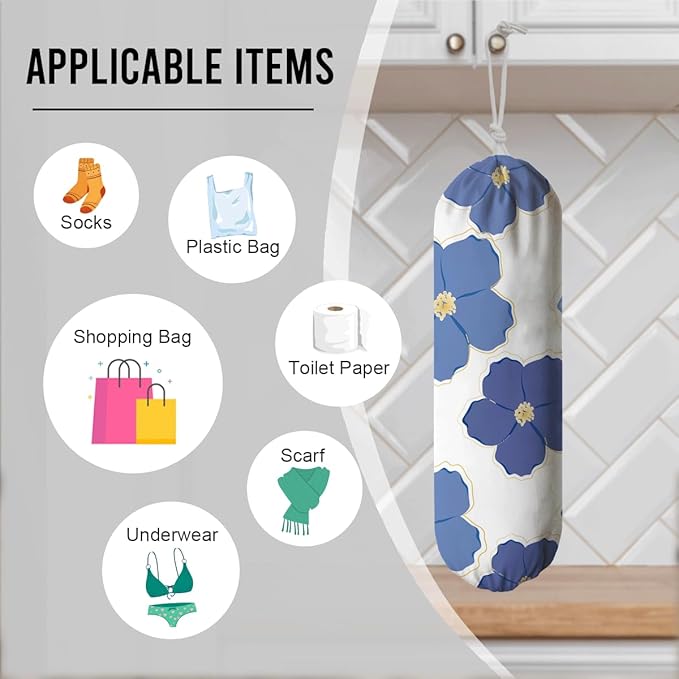 Flower Bag Holder, Blue White Plastic Bags Dispenser, Reusable Shopping Bag Storage Holder Organizer for Kitchen Pantry, Housewarming Gifts for Women Family Friends Grandma Mom