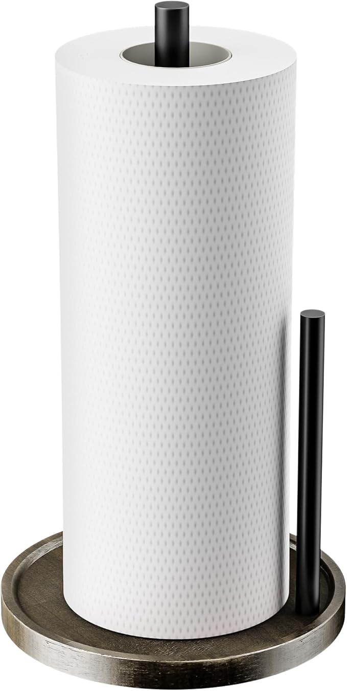 Farmhouse Paper Towel Holder for Countertop, Stainless Steel with Real Wood Base, Dispenser Fits Standard & Jumbo Rolls, Halloween Tissue Holder.