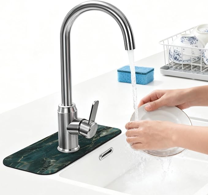 Sink Faucet Mat Elegant Green Marble Kitchen Splash Guard Absorbent Bathroom Sink Mat Around Faucet 15" x 5.5" Drying Mats Stone Draining Mat